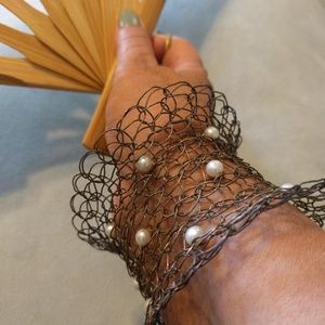 antiqued knit sterling silver and pearl bracelet